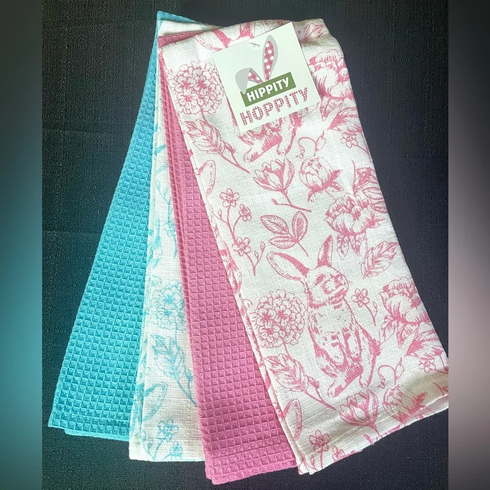 4-pc Spring Easter Bunny Rabbit Kitchen Towel Set Pink Blue Garden Flowers NWT